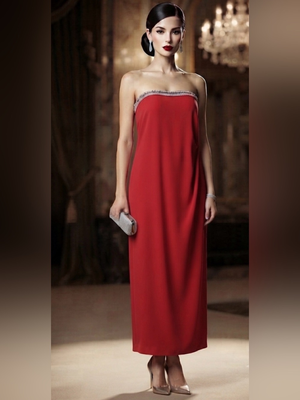 Dave & Johnny Strapless Red Column Gown with Beaded Trim